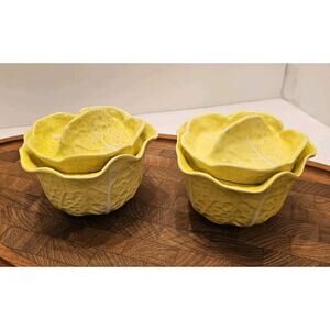 2 Secla Portugal Pottery Cabbage‎ Leaf Yellow Soup Bowl+ Lid Condiment VTG Majol